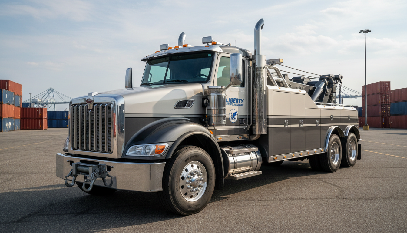 A robust, meticulously-detailed modern heavy-duty tow truck, painted in neutral metallic tones with pristine chrome accents, sits prominently in the foreground. The truck’s powerful hooks and winches are presented with fine clarity, emphasizing industrial textures like thick steel cables and smooth, reinforced bumpers. Set at a secure, organized commercial truck lot near the NJ and NY Port, the background features orderly rows of shipping containers and wide asphalt lanes. Soft afternoon daylight creates subtle highlights along the vehicle’s body, casting gently diffused shadows that add dimensionality. Captured from a slightly elevated eye-level angle, the scene is composed for balance and structure, exuding a calm, professional, and corporate atmosphere. The overall style is photographic realism, aligning perfectly with a clean, modern business aesthetic focused on premium towing service.