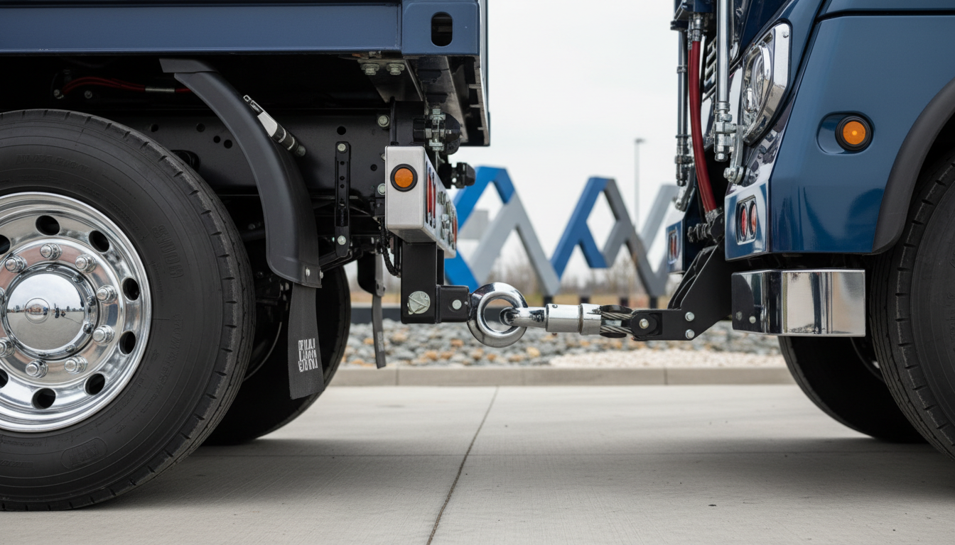 A meticulously detailed close-up of the rear wheels and tow hook connection between a dark metallic blue container truck and a high-powered tow truck, both exhibiting clean, polished metal, sturdy tires, and precise engineering. The vehicles are stationed on a smooth, neutral-toned pavement with a backdrop of out-of-focus corporate signage and organized landscaping stones. Soft overcast lighting softly illuminates the chrome, reducing glare while revealing every mechanical detail. The atmosphere is calm, efficient, and professional. Shot at ground level with the connection point centered, featuring a narrow depth of field that brings the tow system into sharp focus. The visual style is ultra-clean and modern, reinforcing trust and technical expertise in truck towing for business clients.